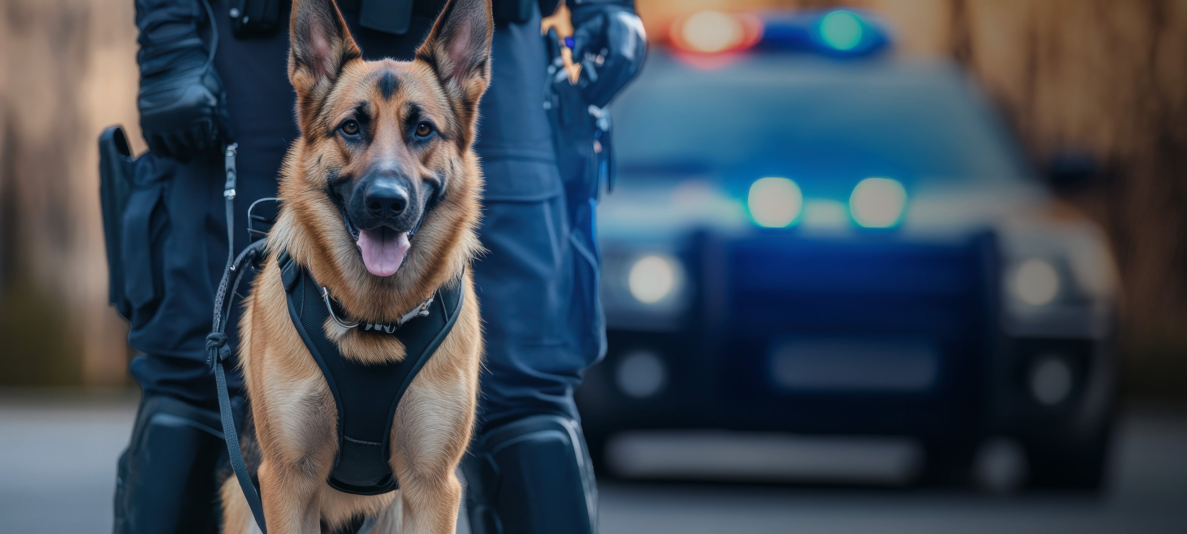 Police dog with partner in from of police car kept cool using CoolK9 Climate Control System